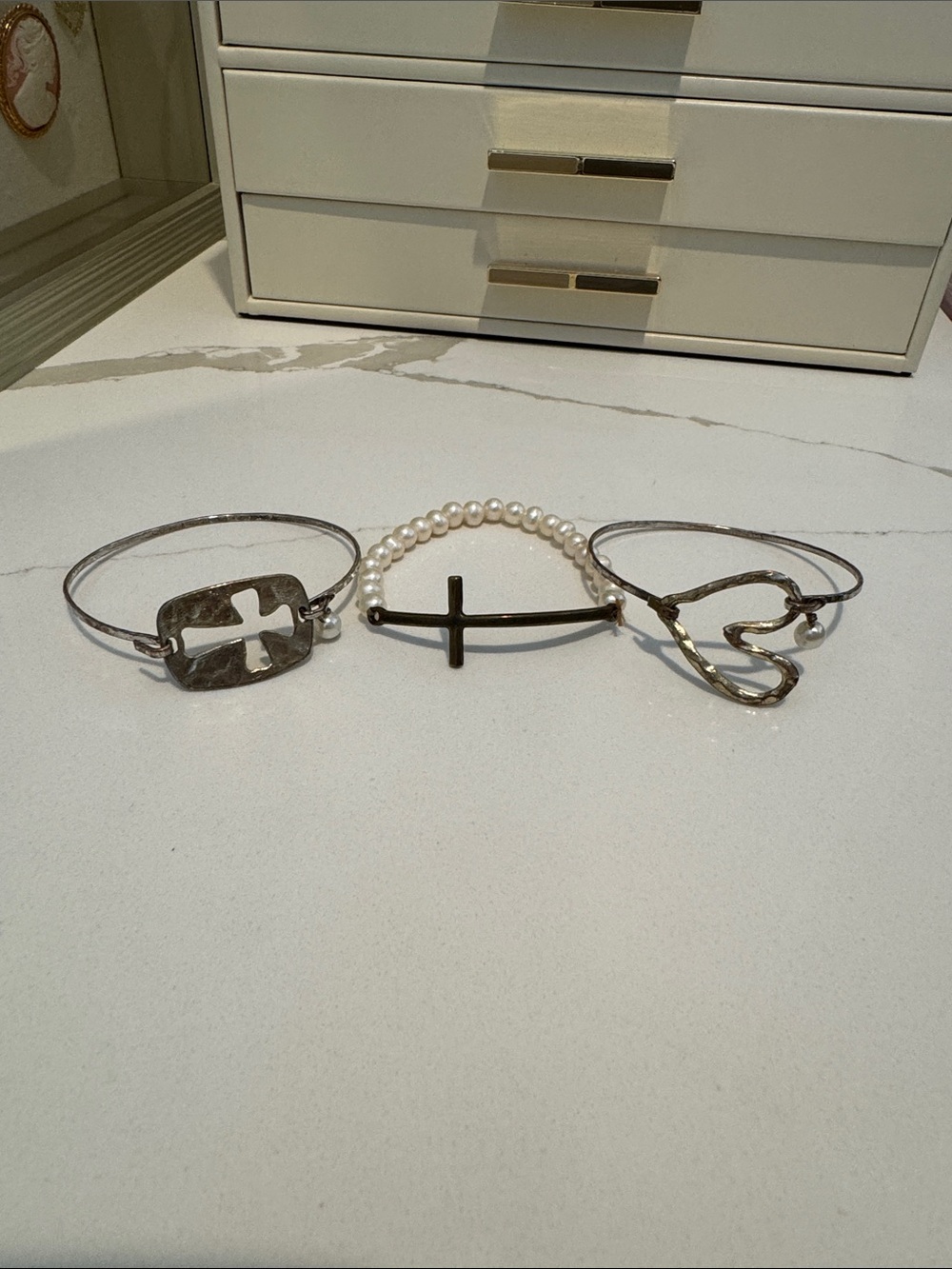 Silver-Tone Cross & Heart Bracelet Set with Pearl Accent